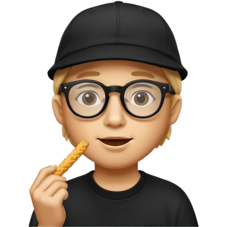 num num eatting hashbrown sticks with a plain black cap and glasses emoji