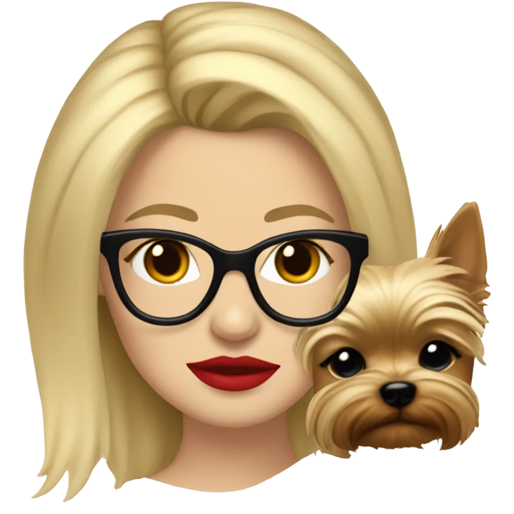 White girl, blonde hair, eyes closed, red lipstick wearing glasses hugs Yorkshire terrier  emoji
