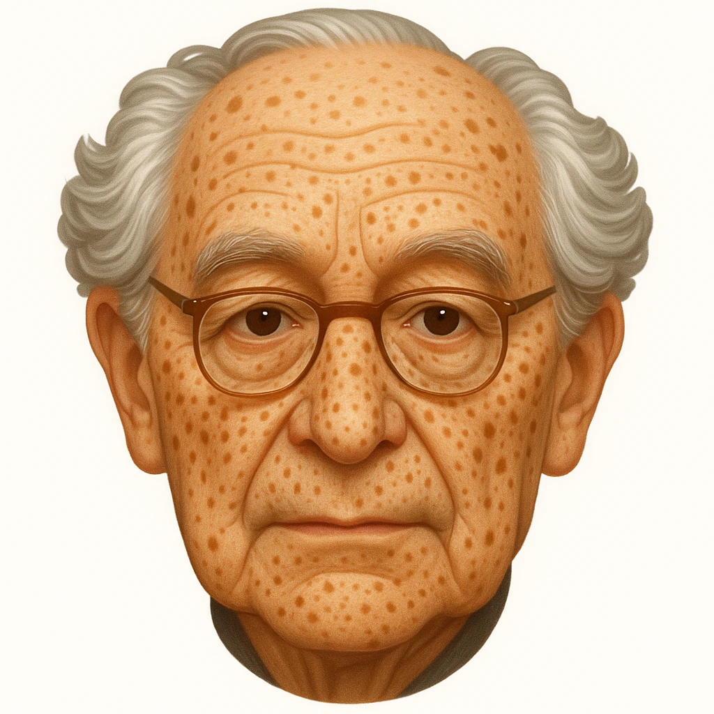 Add more age spots and freckles, and make the face more closely resemble Hans Jonas, German philosopher, while keeping the emoji style. emoji
