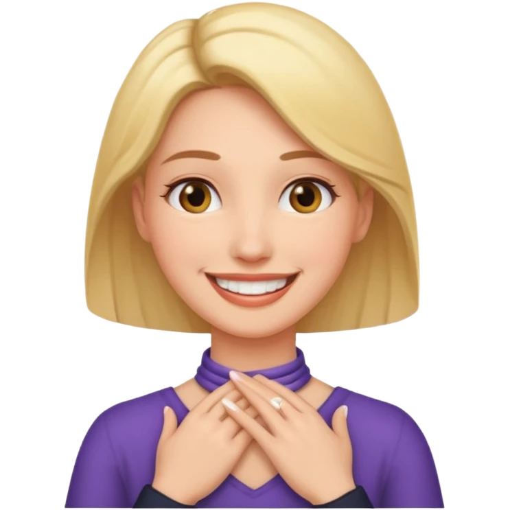 A woman smiling while holding her hands by her neck emoji
