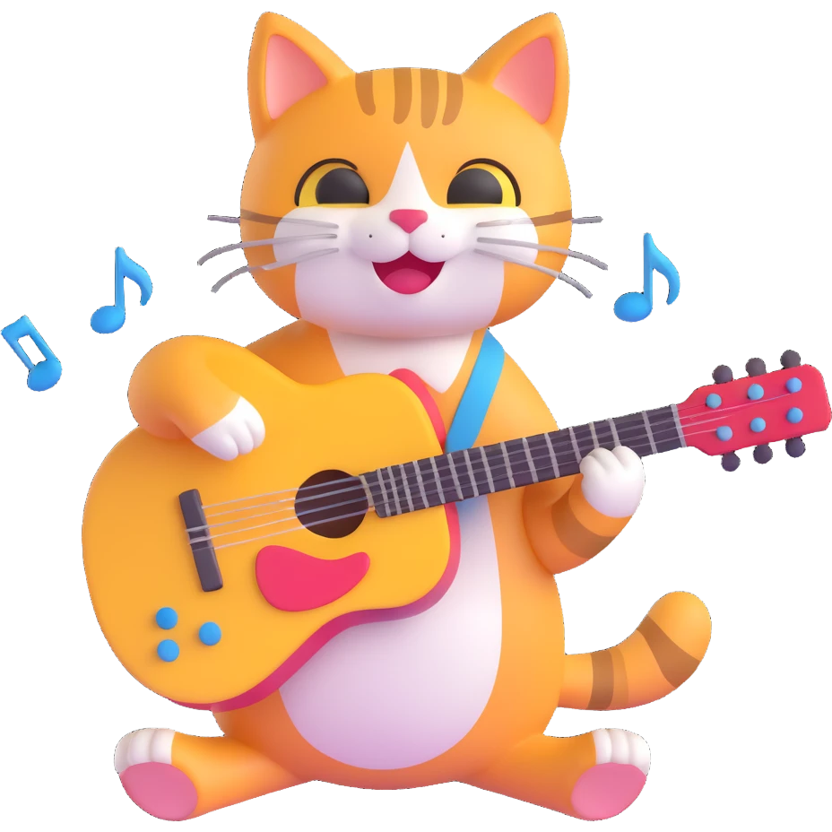 happy musician cat playing a guitar with musical notes emoji