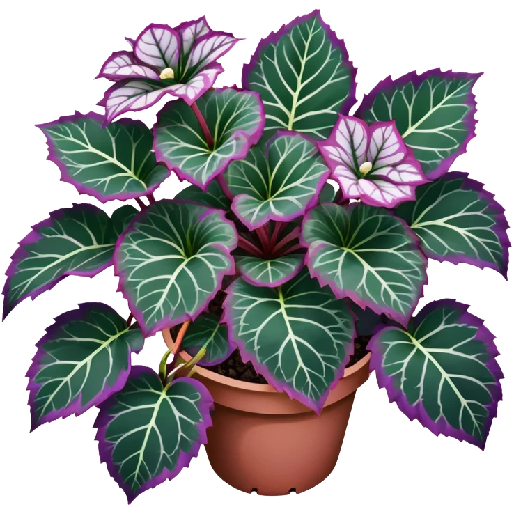 Top-down view of Begonia Rex plant showing spiral leaf patterns from above, dark green leaves with purple edges and white spots emoji