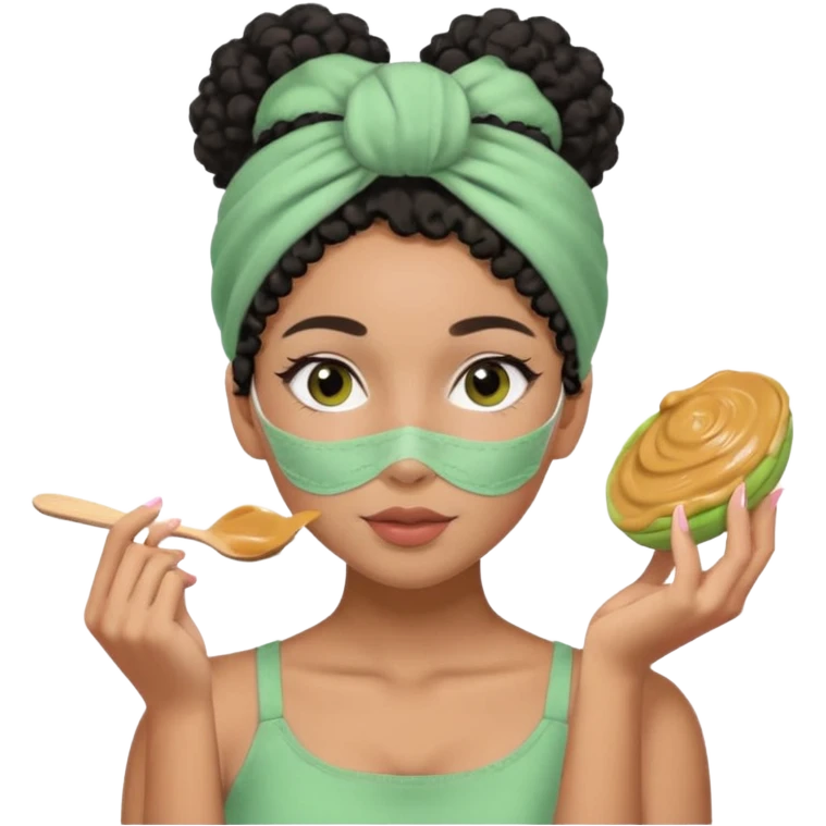 Mixed-race woman with caramel skin, slim thick, black curly hair in a bun, wearing a pastel pink headband, applying a green clay face mask emoji