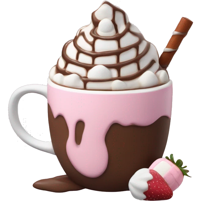 hot chocolate with mug and whip cream and chocolate drizzle and pale pink strawberry and marshmellows emoji