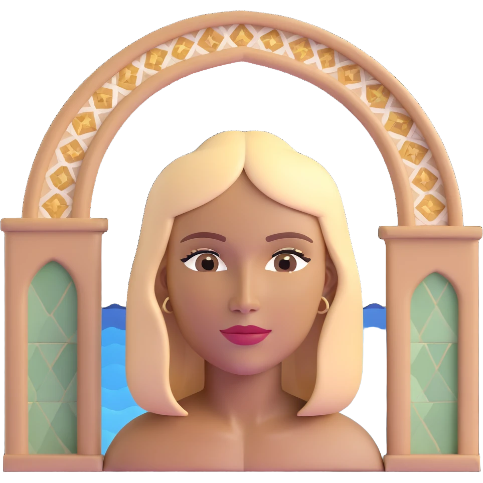 close-up of a woman's face with darker blonde straight hair, light brown skin, with the three iconic arches of Atalaia Beach (Aracaju-SE) prominently displayed very close in the background, middle arch taller with round tops, made of tiles emoji