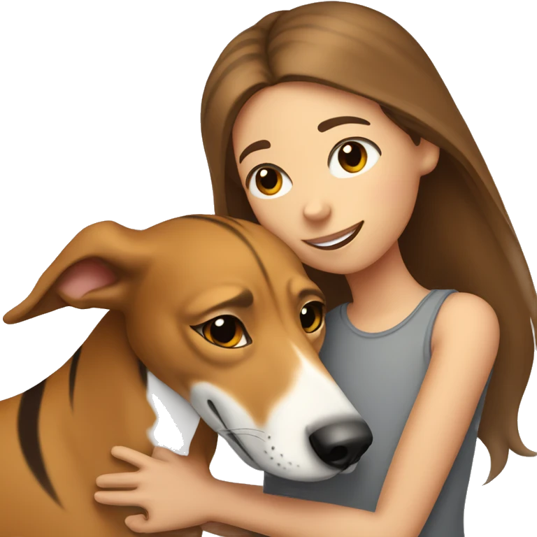 girl with long brown hair hugs tiger greyhound with grey nose emoji