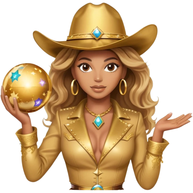 Beyonce with a gold outfit and gold cowboy hat holding galaxy  sphere emoji