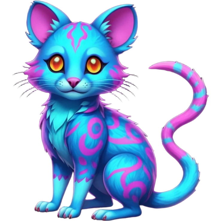 Exotic tropical lush Neon-colored fantasy feline-rodent-marsupial-critter-vernid-fursona animal creature full body with intricate markings  emoji