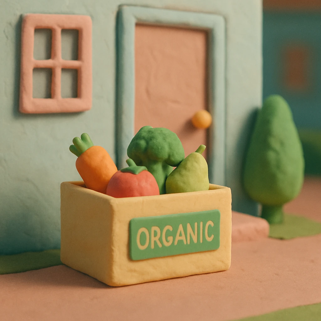 claymation style box of organic products at the door of a house, pastel colors emoji