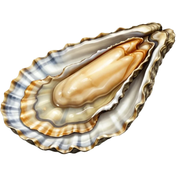 raw oyster, open on half shell, textured irregular shell, grey and brown, glistening flesh, translucent moist interior, natural folds, creamy grey-beige, no lemon, ice, plate, garnish, or faces, clean 3D, soft shadows, transparent background, emoji scale emoji