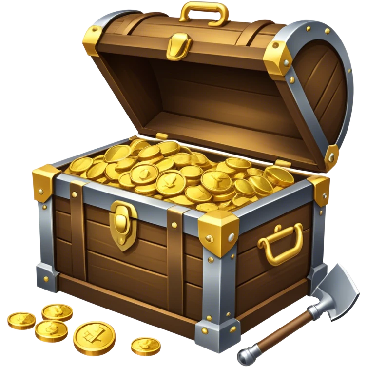 An icon featuring a treasure chest partially open, revealing gold coins and jewels. A metal detector and a shovel are nearby, symbolizing the excitement of treasure hunting. The design evokes adventure, exploration, and the thrill of discovering hidden treasures. transparent background. emoji