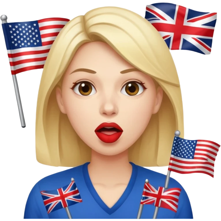 a woman is talking and the English and American flags are coming out of her mouth emoji