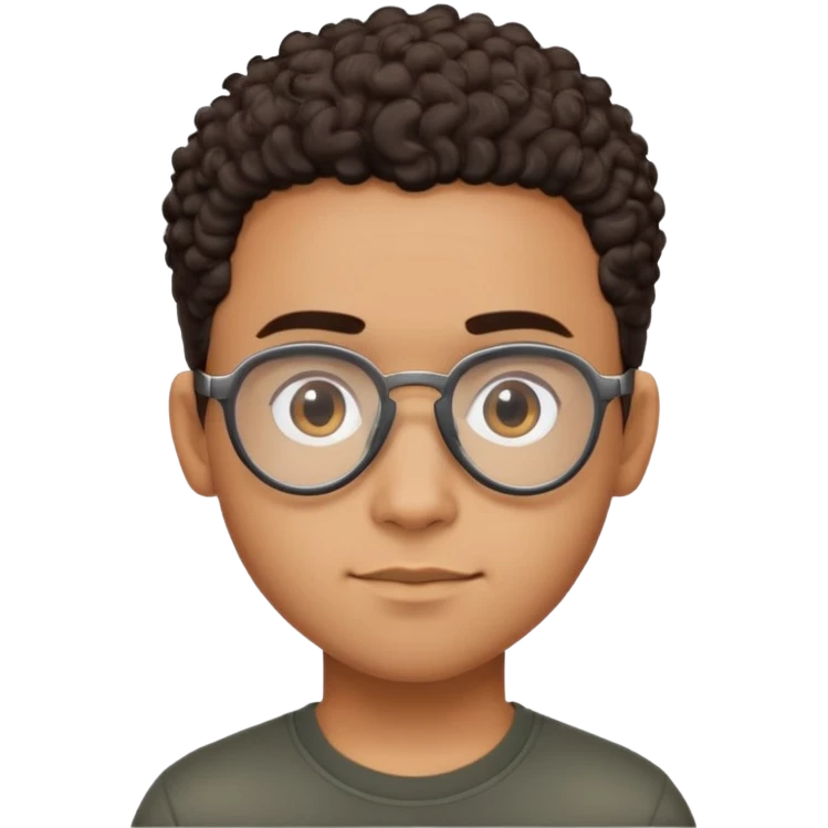 Young Latino man with small oval face, big forehead, aviator glasses, shaved sides with short curly hair on top, neutral-friendly expression, brown skin, black t-shirt emoji
