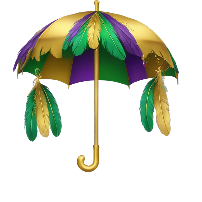 Mardi Gras umbrella with gold, green, and purple feathers  emoji