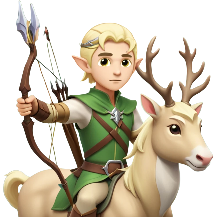 clash-of-clans-aesthetic-blond-male elf-archer-portrait-emoji, rendered in a flat, vector-style with minimal shading and bold, simplified shapes, head tilted slightly forward with a determined, focused expression, riding a majestic white stag whose antlers glow with mystical energy, set against an ancient, enchanted forest backdrop. emoji
