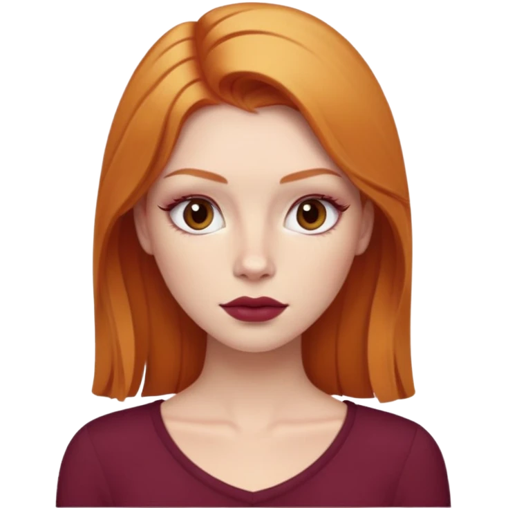 Ginger blonde, white skin, brown eyes, nude lips, burgundy top, no makeup, a bit of lashes emoji