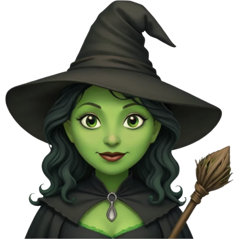 elphaba the wicked witch from wicked movie (cynthia erivo) dark long curly hair, thick lips, wide nose, green skins, witch hat, witch broom, evil, wicked musical film, evil smirk evil scary cynthia erivo emoji