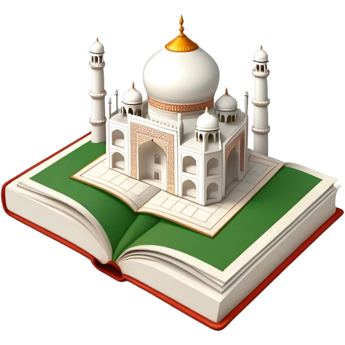 An icon featuring the Taj Mahal and the flag of India, symbolizing the Hindi language. The design includes an open book with hindi text, representing language learning and cultural richness. Transparent background highlights the heritage of India. emoji