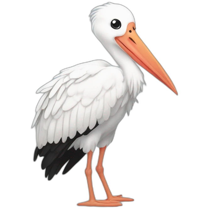  A big white stork carrying a bundle of cloth in its beak that has a cute white skinned baby face peeking out from it with black head emoji