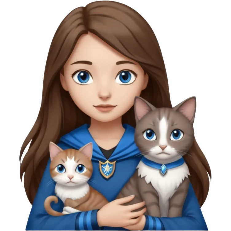 gorgeous Girl with light skin, blue eyes, long brown hair, wears a ravenclaw outfit, with a grey and white cat holding in her arms emoji