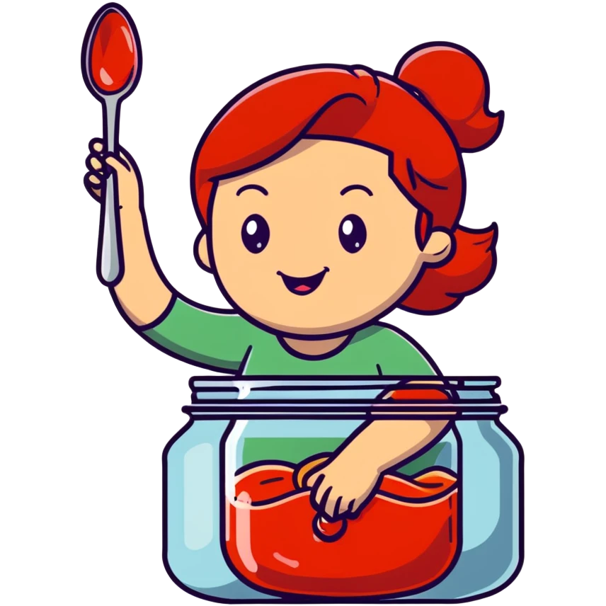 redhead woman with big smile taking some jam with a spoon from glass jar emoji