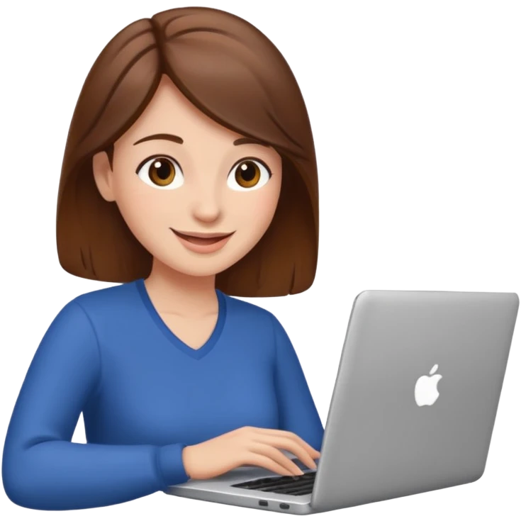 happy woman with brown hair using laptop emoji