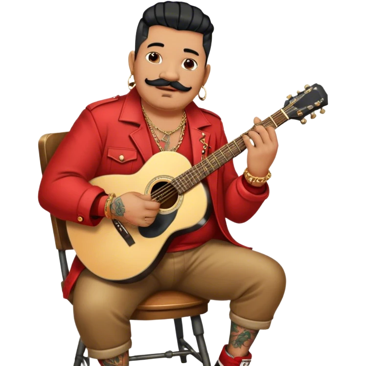 Icon for Chanson: Old fat chanson singer with tattoos and short moustache, red jacket, gold chains and braslettes, sitting on a chair with an acoustic guitar and standing microphone. The atmosphere should reflect a nostalgic, soulful vibe with vintage elements. Transparent background. emoji