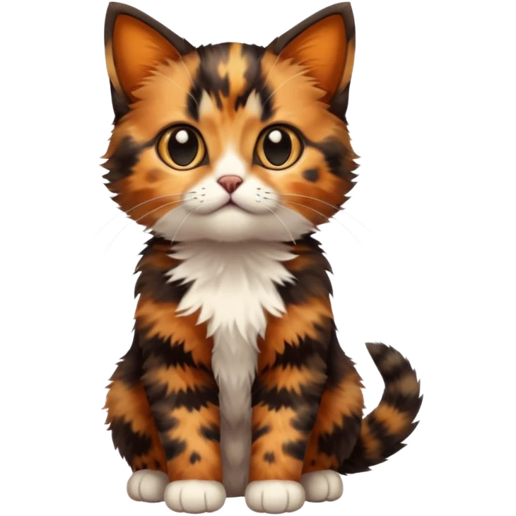 A high-resolution photo-realistic digital illustration of a brown orange black multicoloured  tortoiseshell kitten, chest upward emoji