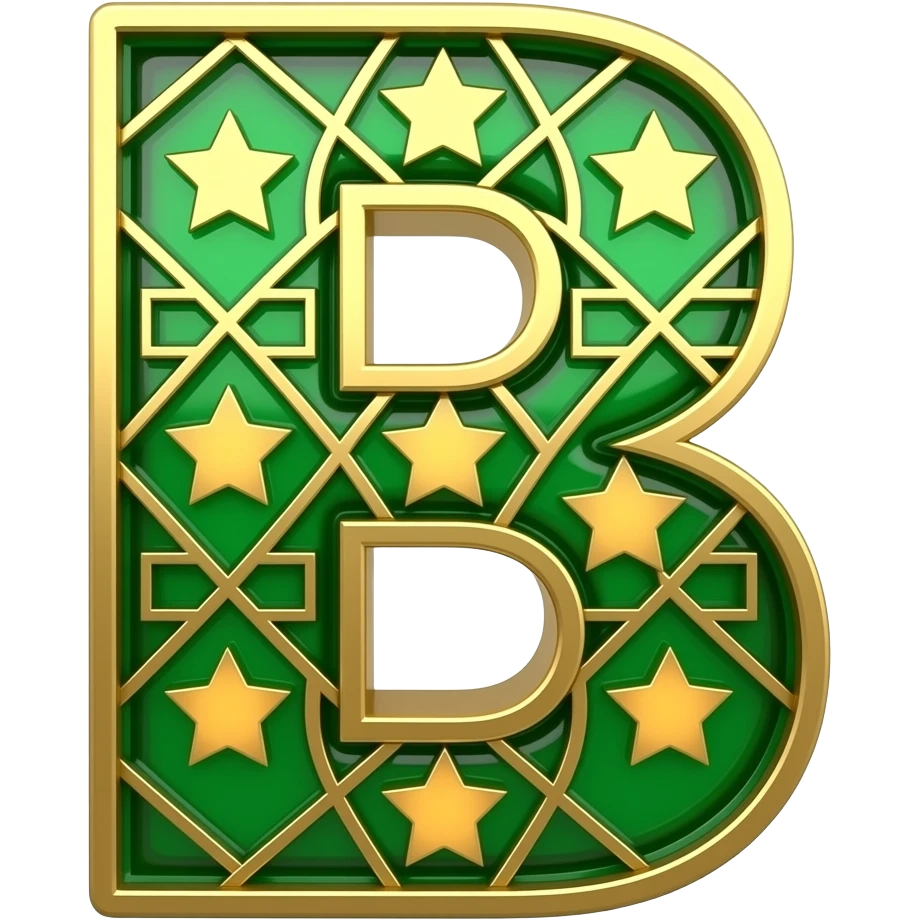 An uppercase letter 'B' designed with geometric Islamic patterns and 5-stars-shaped cutouts. Made from rich emerald-green glass with brushed gold edges. Backlit with a warm amber glow, 8k resolution, clean minimalist design emoji