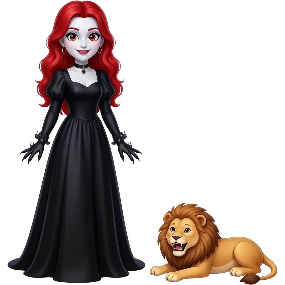 Vampiro femmina adolescente con la pelle bianca e i capelli rossi che indossa un vestito lungo nero e le maniche a zampa d' elefante e guarda il suo leone CUCCIOLO PICCOLO che si rotola per terra ed è felice emoji