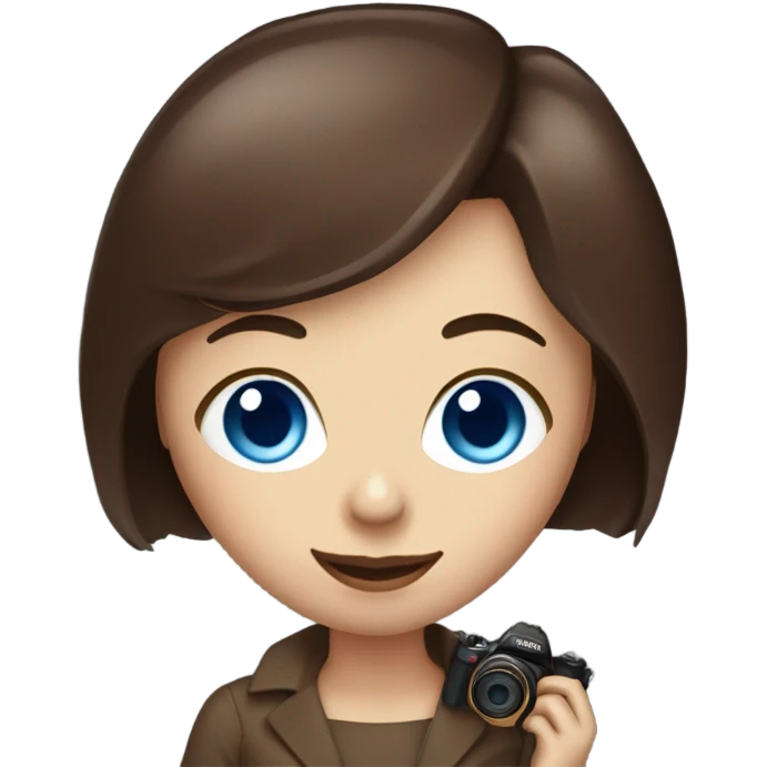 Portrait of stylish woman with blue eyes and chocholate  bob hair holding a nikon camera emoji