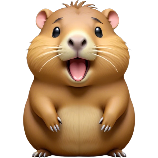 Cinematic Cute Yawning Capybara Portrait Emoji, Head tilted slightly with a dramatic, wide-open yawn, showcasing a plush, rounded body with a broad capybara head featuring a short snout and subtle, small ears, with drowsy, half-closed eyes and a relaxed expression, Simplified yet irresistibly adorable features, highly detailed, glowing with a soft, cozy natural glow, high shine, relaxed yet expressive, stylized with a dash of whimsical charm, soft glowing outline, capturing the essence of a drowsy yet affectionate capybara guardian that seems ready to stretch out for a nap! emoji