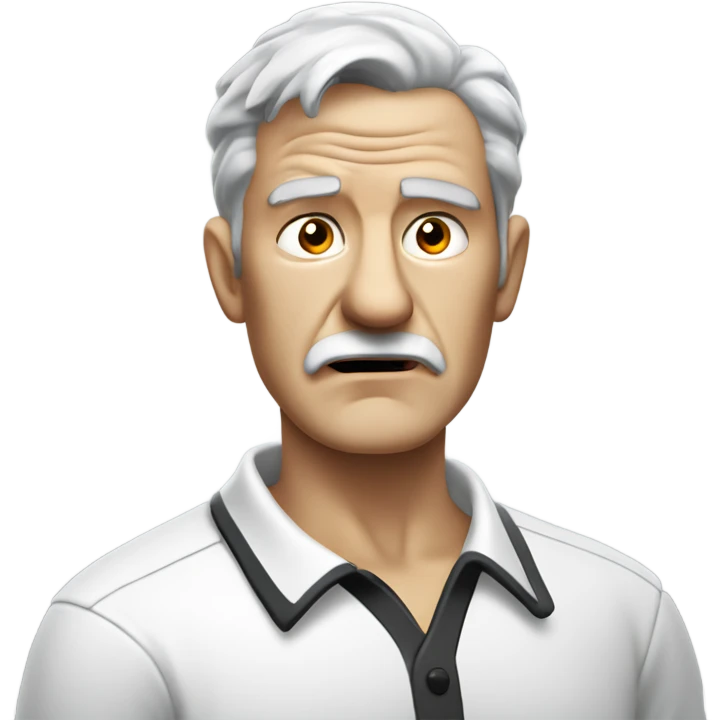 old angry english man, grey hair, no facial hair. wearing a white smart polo shirt with black buttons. emoji