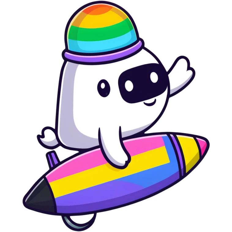 A cheerful rainbow crayon character waving while riding a silver UFO with glowing lights emoji