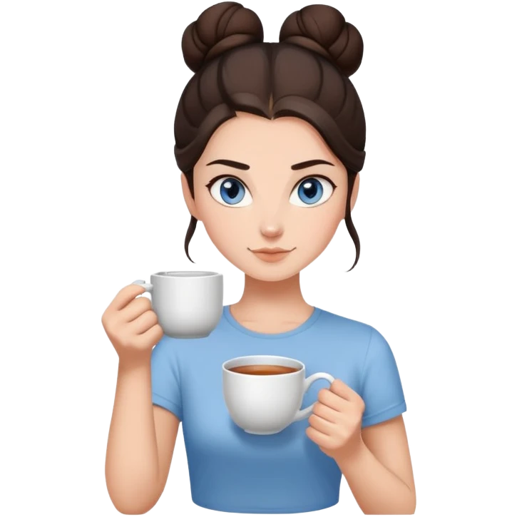 With her dark brown hair pulled back in a bun, and captivating grey-blue eyes, the girl holds a mug of tea, the steam rising like a gentle promise of warmth, clad in a simple white t-shirt.  emoji