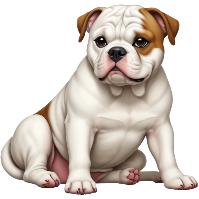 cinematic-[american bulldog]-realistic-full-body-sitting-emoji,-tail-resting-loosely-beside-its-paws,-head-tilted-dramatically,-fluffy-[colour]-fur,-simplified-yet-realistic-focused-features,-highly-detailed,-glowing-with-an-almost-sarcastic-glow emoji