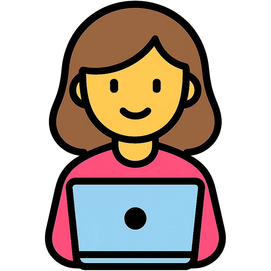 white girl with brown hair using a laptop, flat icon style, lineal color icon with black outlines emoji