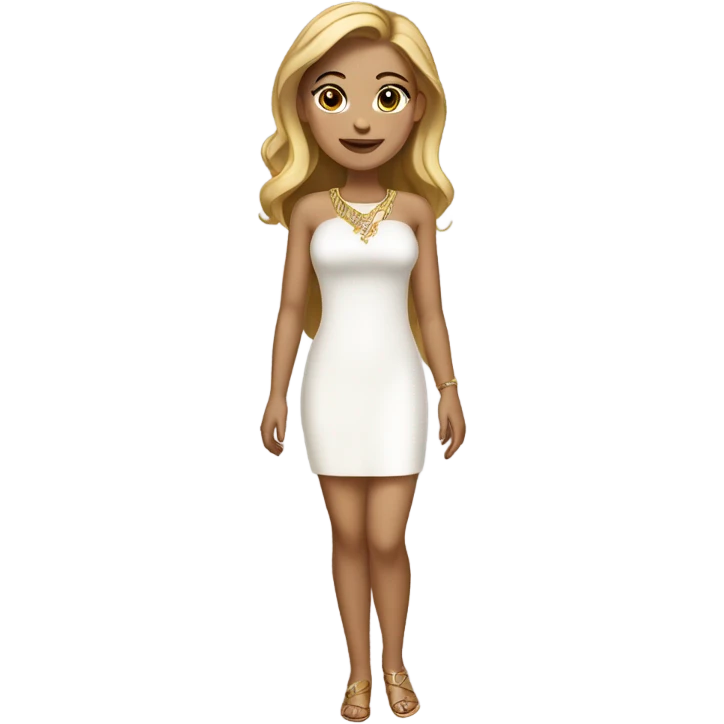 do a white but not too white girl with really dark blond hair brown eyes and gold jewelry, full body, legs arms and a white short dress emoji