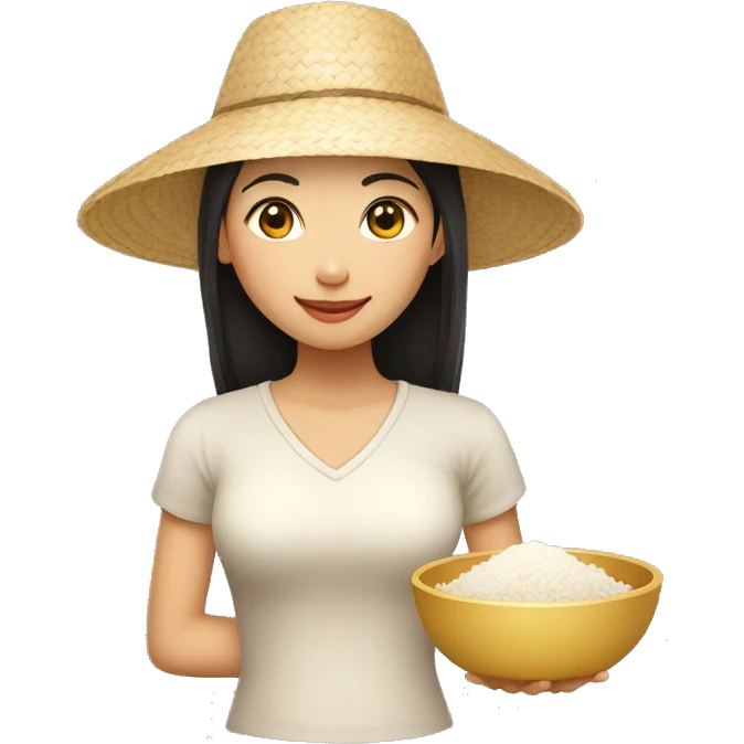 asian girl with a straw hat holding a bowl of rice emoji