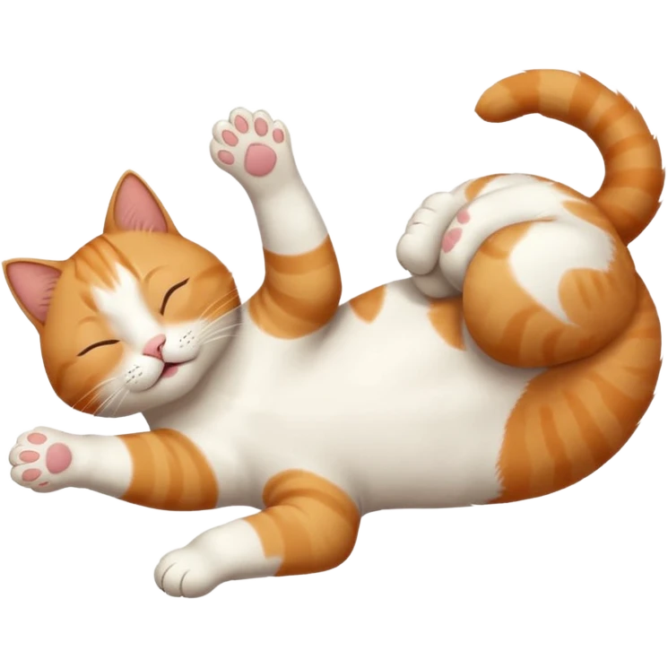 ginger and white small cat eyes closed lying down upside down with paws stretched out straight in different directions emoji
