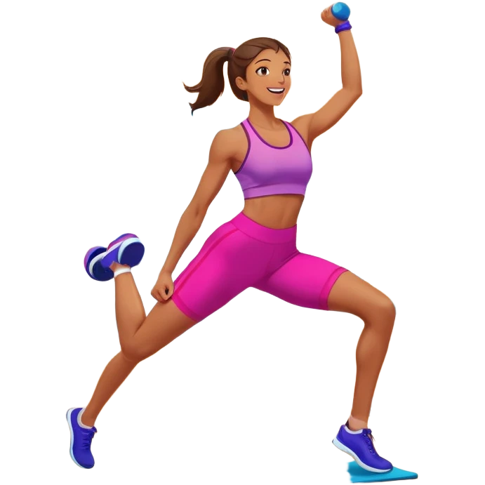An energetic person performing an aerobics workout in a brightly lit gym, jumping and stretching with enthusiasm. The scene includes vibrant fitness equipment like dumbbells and exercise mats, with a background of cheerful, motivating colors, conveying energy and movement. emoji