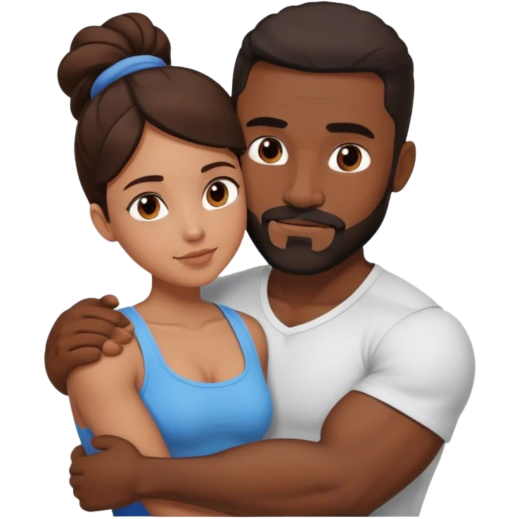 Black man with facial hair and muscles hug small brunette woman emoji