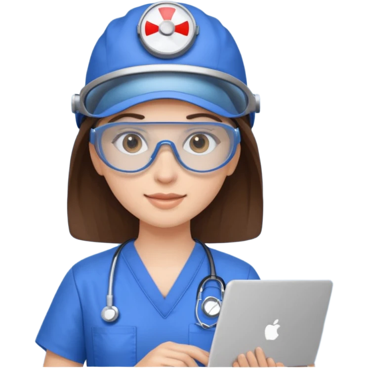 i need a brunette young woman in blue scrubs with brown eyes fair skin with safety goggles on and a laptop for research  healthcare research no safety helmet emoji