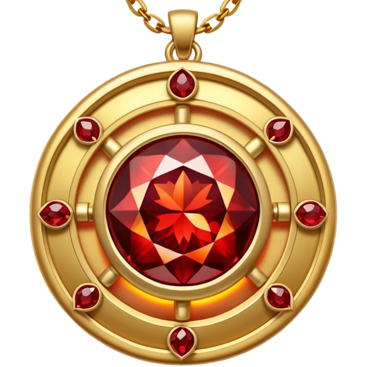 tiny glowing garnet talisman, radiating warmth and power, golden chain emoji
