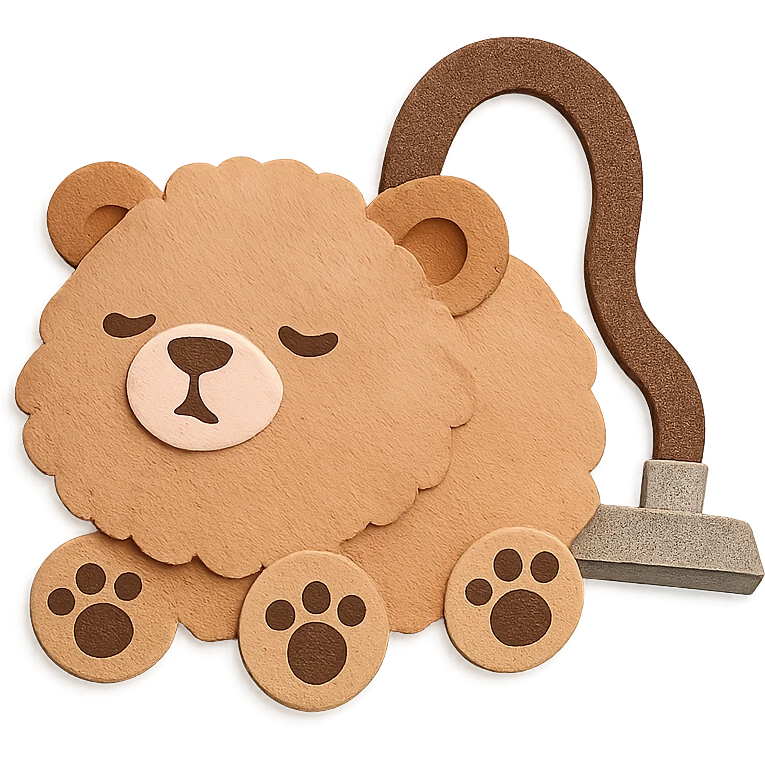 chibi vacuum cleaner bear hybrid, fluffy, rolling on paw-shaped wheels, soft brown pastel, full-body emoji