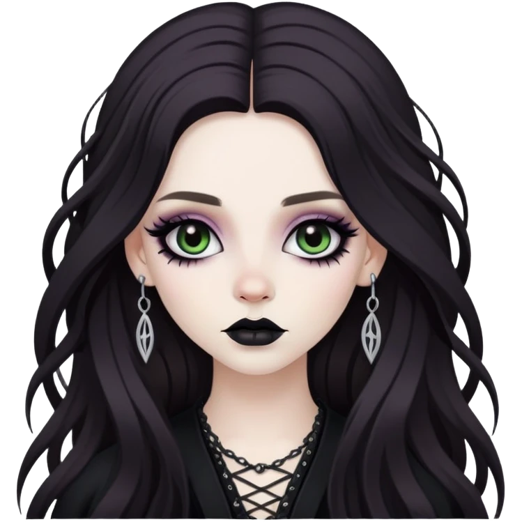 goth, pale hippy brunette baddie, pretty makeup, long hair emoji