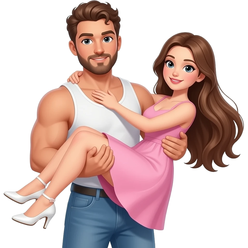 Realistic white skin brown short curly hair with beard muscular man carrying white skin long straight brown hair girlfriend wearing aesthetic pink dress HD emoji