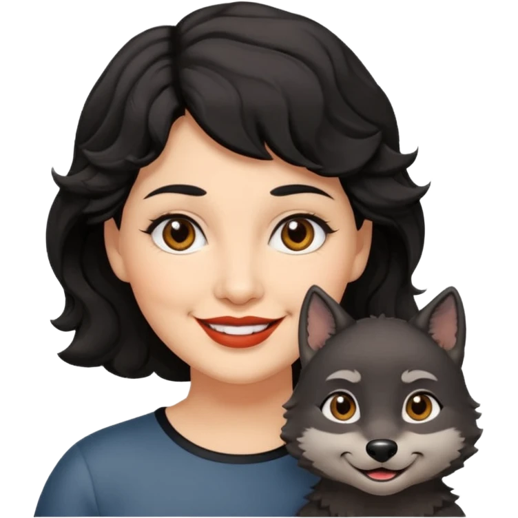 woman 60, brown eyes, very short black wavy wolf cut hair, chubby smile emoji