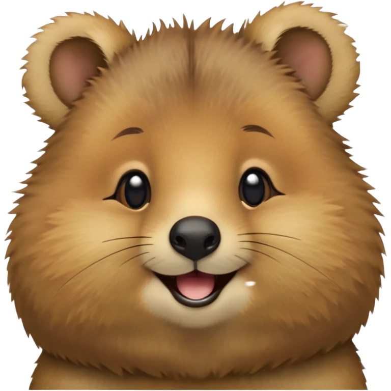 cinematic-realistic quokka-emoji,-small-round-frame, head tilted in an endearing manner, comical smile, round cheeks, giant-fluffy-cheeks-large-smile-fluffy-brown-fur-radiating-a-warm-softness,-big-round-eyes-filled-with-joy, realistic round  fluffy zoomed in, large black eyes emoji