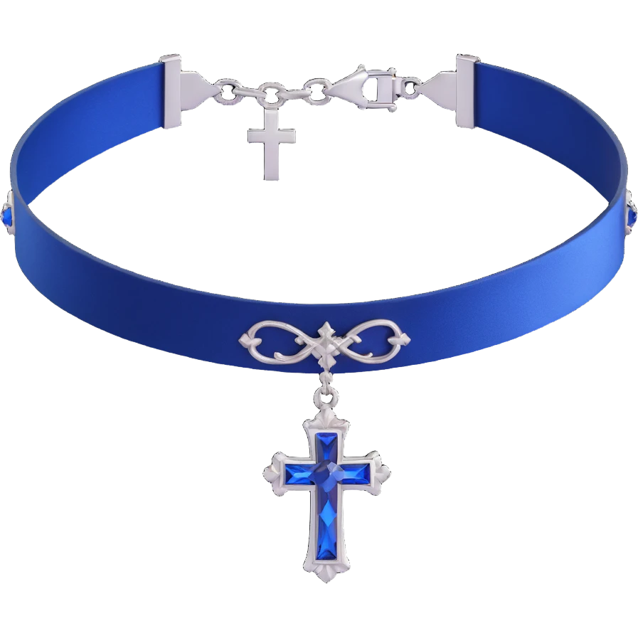 gothic choker with sapphire blue satin band, silver cross pendant, blue gemstone centerpiece, elegant and gothic emoji